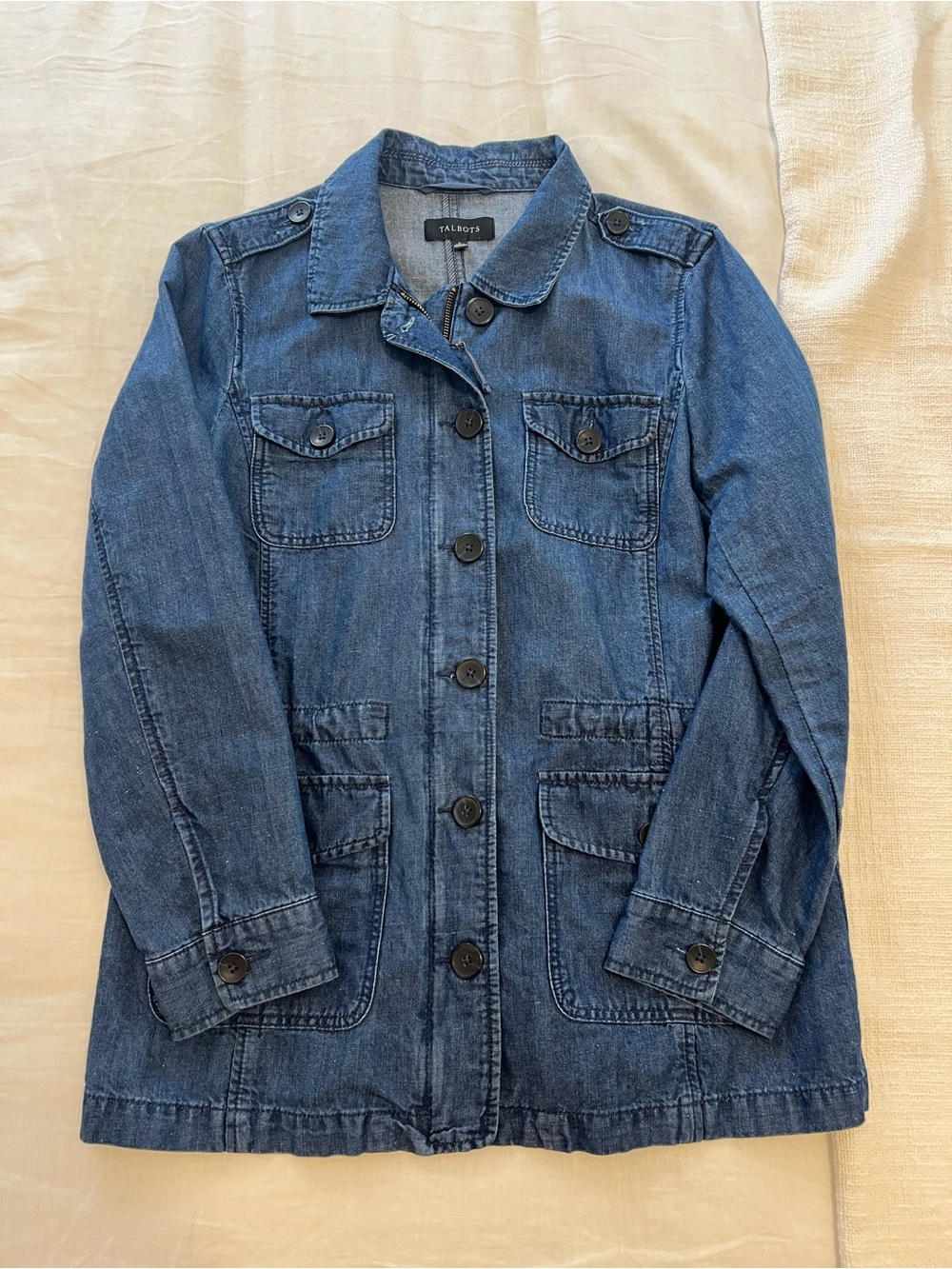 Talbots Denim Utility Military Jacket Size L Drawstring Waist Zip Button Pockets
